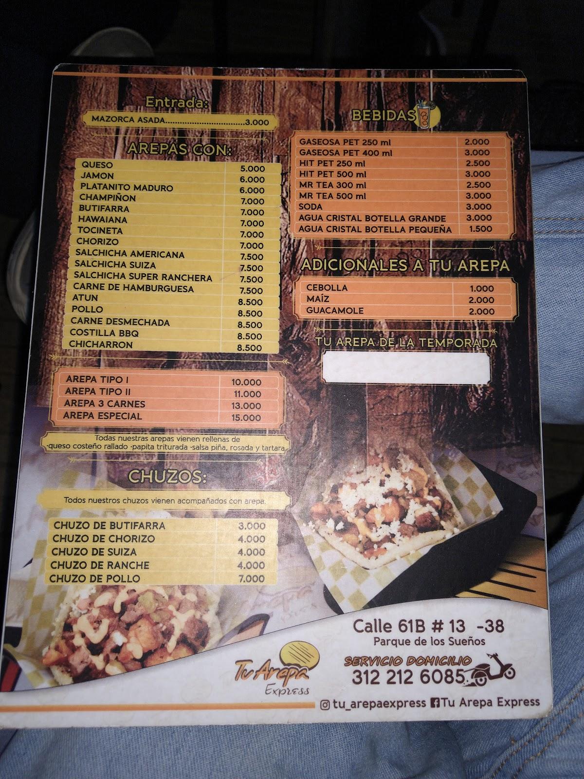 Menu at Tu Arepa Express restaurant, Montería