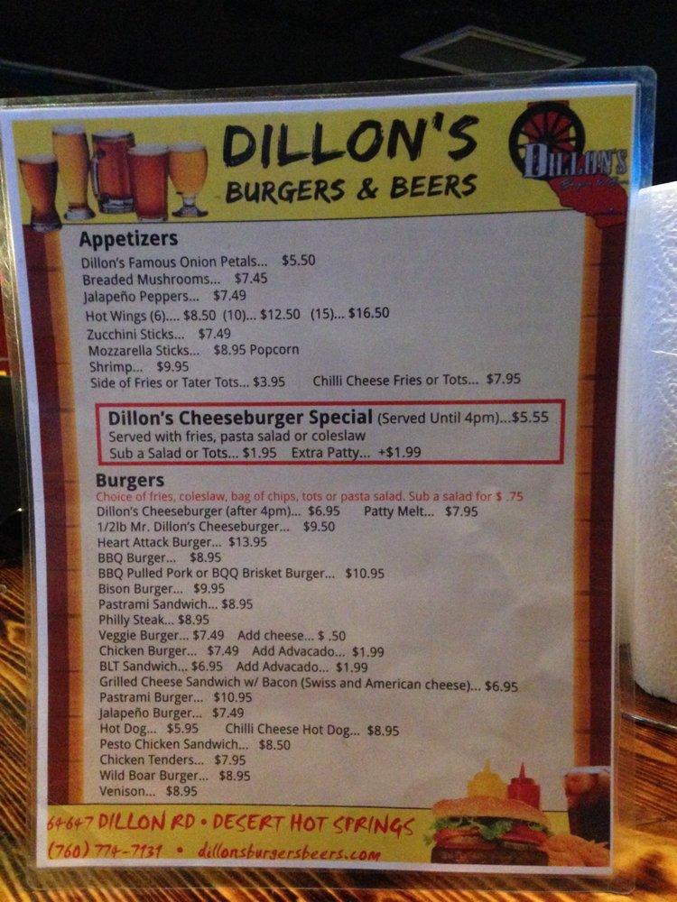 Menu at Dillon's Burgers & Beers Restaurant, Desert Hot Springs