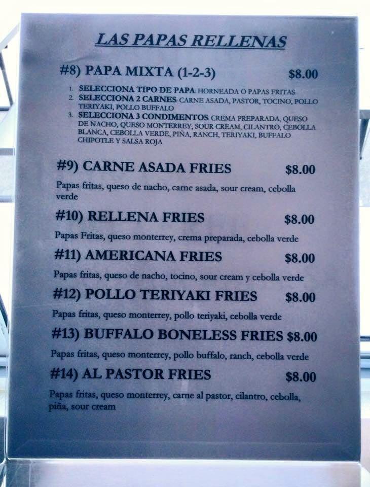 Menu at Las Papas Rellenas restaurant, San Luis