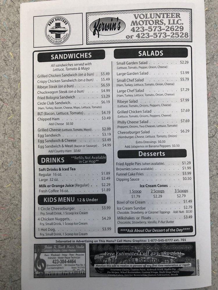 Menu at Blue Circle restaurant, Bristol, 333 Bluff City Hwy