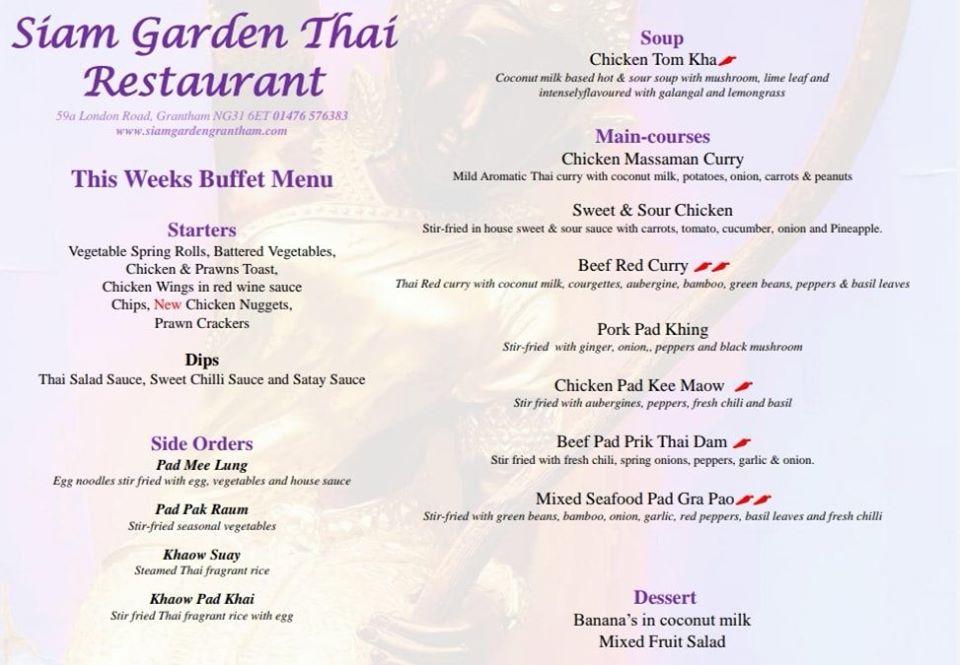 Menu at Siam Garden restaurant, Grantham