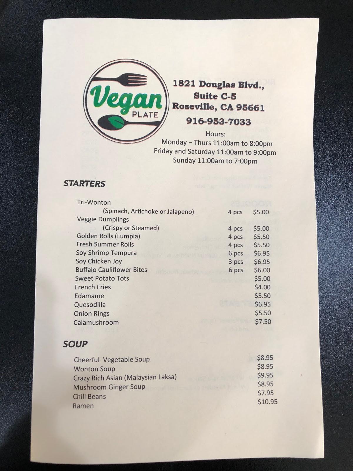 Menu at Vegan Plate restaurant, Roseville