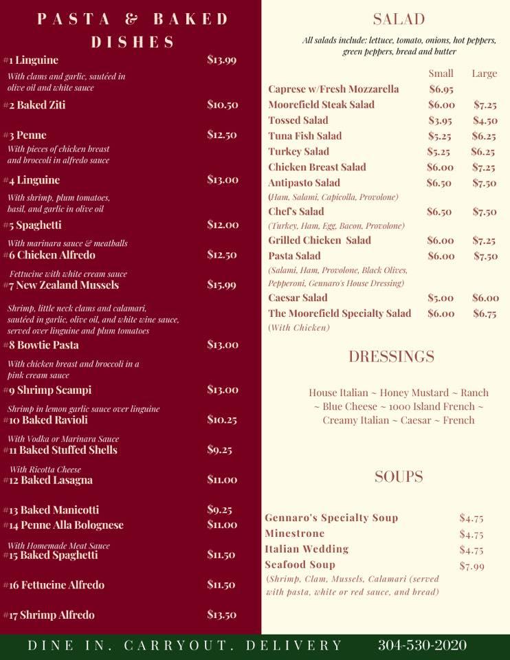 Menu at Gennaro's Italian Restaurant & Pizzeria, Moorefield