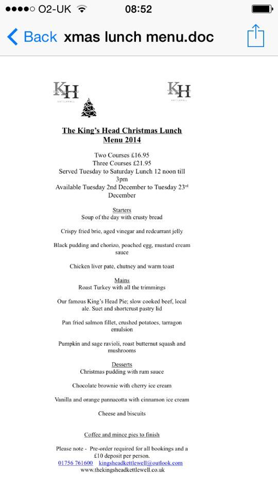 Menu At Kings Head Pub And Bar Kettlewell The Green 