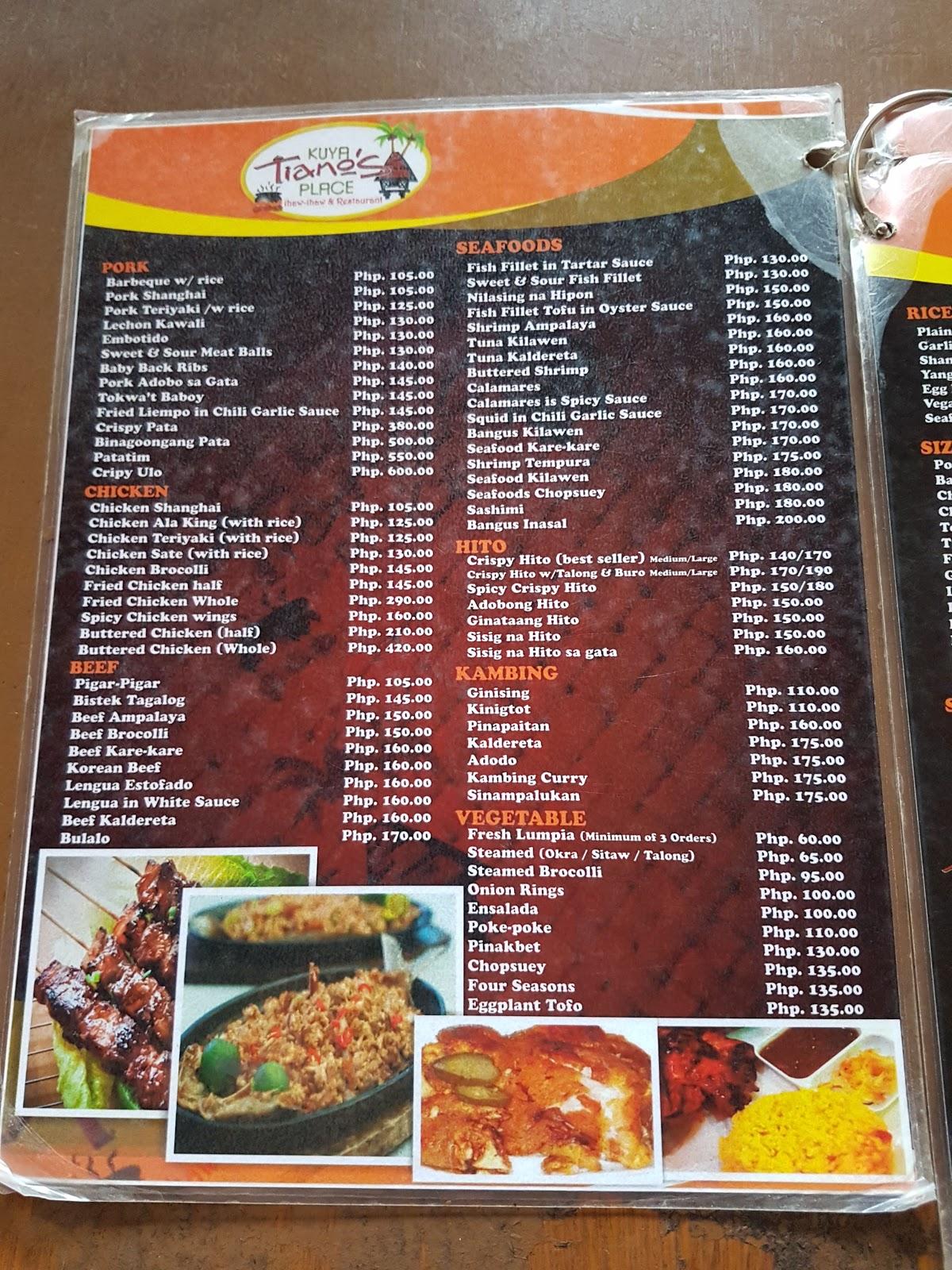 Menu at Kuya Tiano's Place restaurant, Bayambang