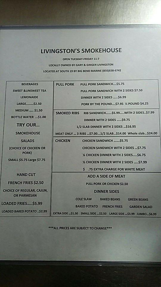 Menu at Livingston's Smokehouse BBQ, Perry, S Byron Butler Pkwy