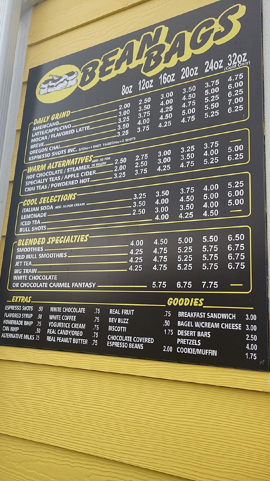 Menu at Bean Bags cafe, Elma