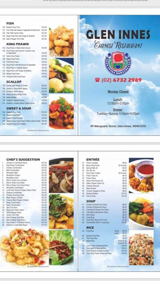 Menu at Glen Innes Bowling Club & Chinese Restaurant, Glen Innes