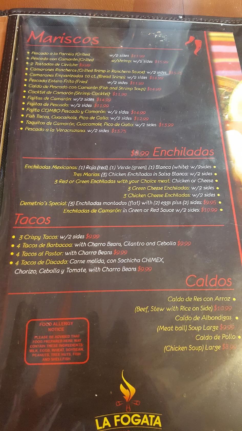 Menu At La Fogata Mexican Grill And Bar Andrews