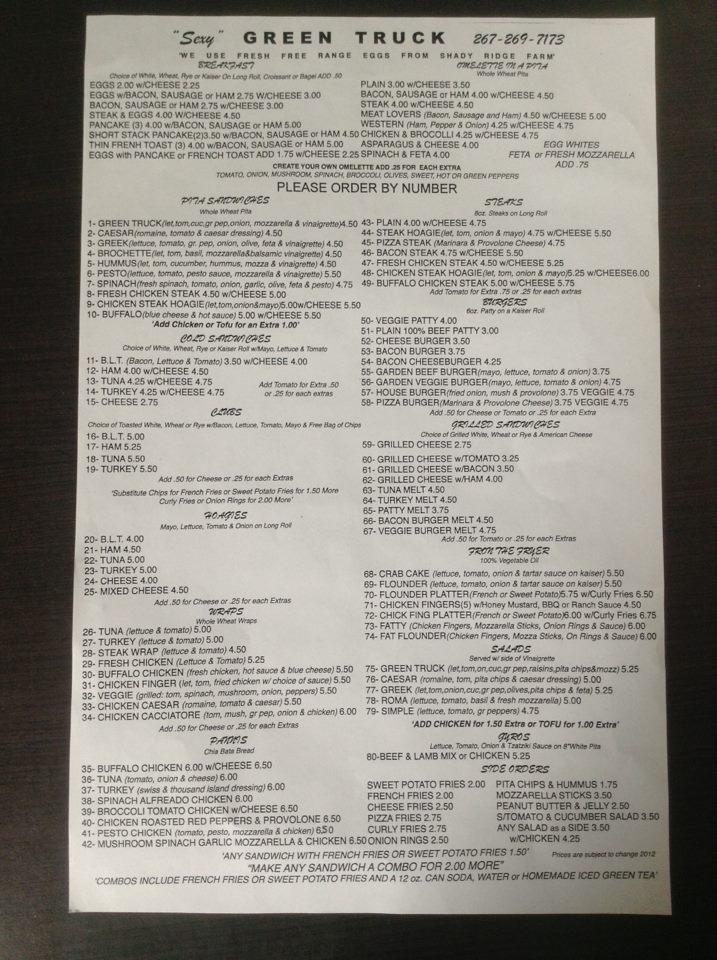 Menu at Sexy Green Truck restaurant, Philadelphia, W Montgomery Ave