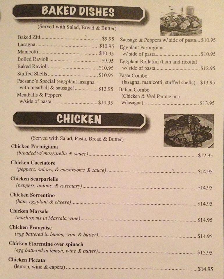Menu at Paesano's Pasta House Restaurant, Naugatuck