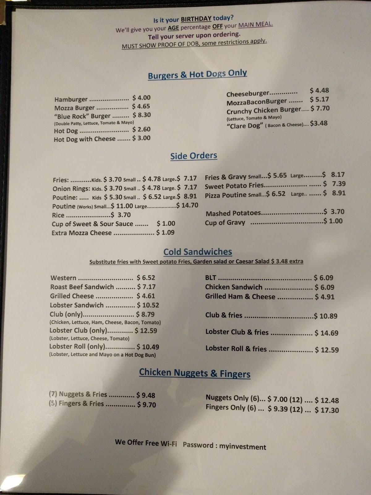 Menu at Seashore Restaurant & Blue Rock Lounge, Meteghan