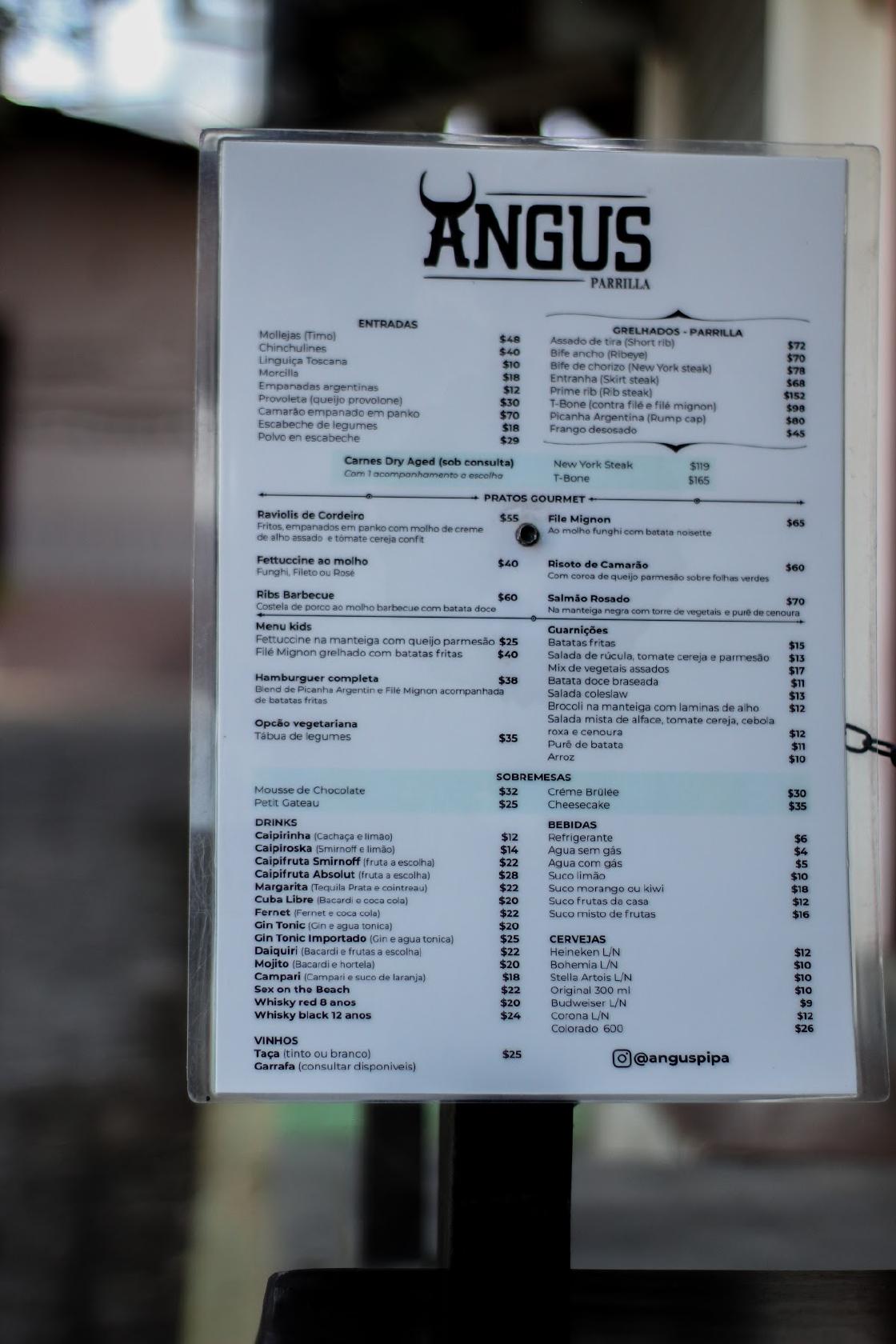 Menu at Angus Carnes restaurant, Pipa Beach