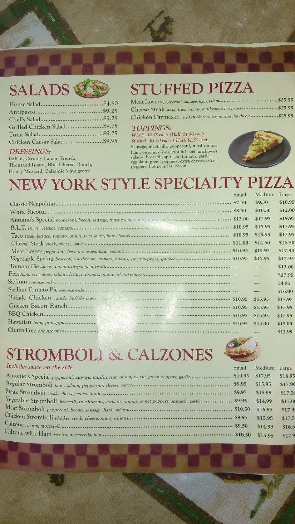 Menu at Antonios Pizzeria, Jim Thorpe
