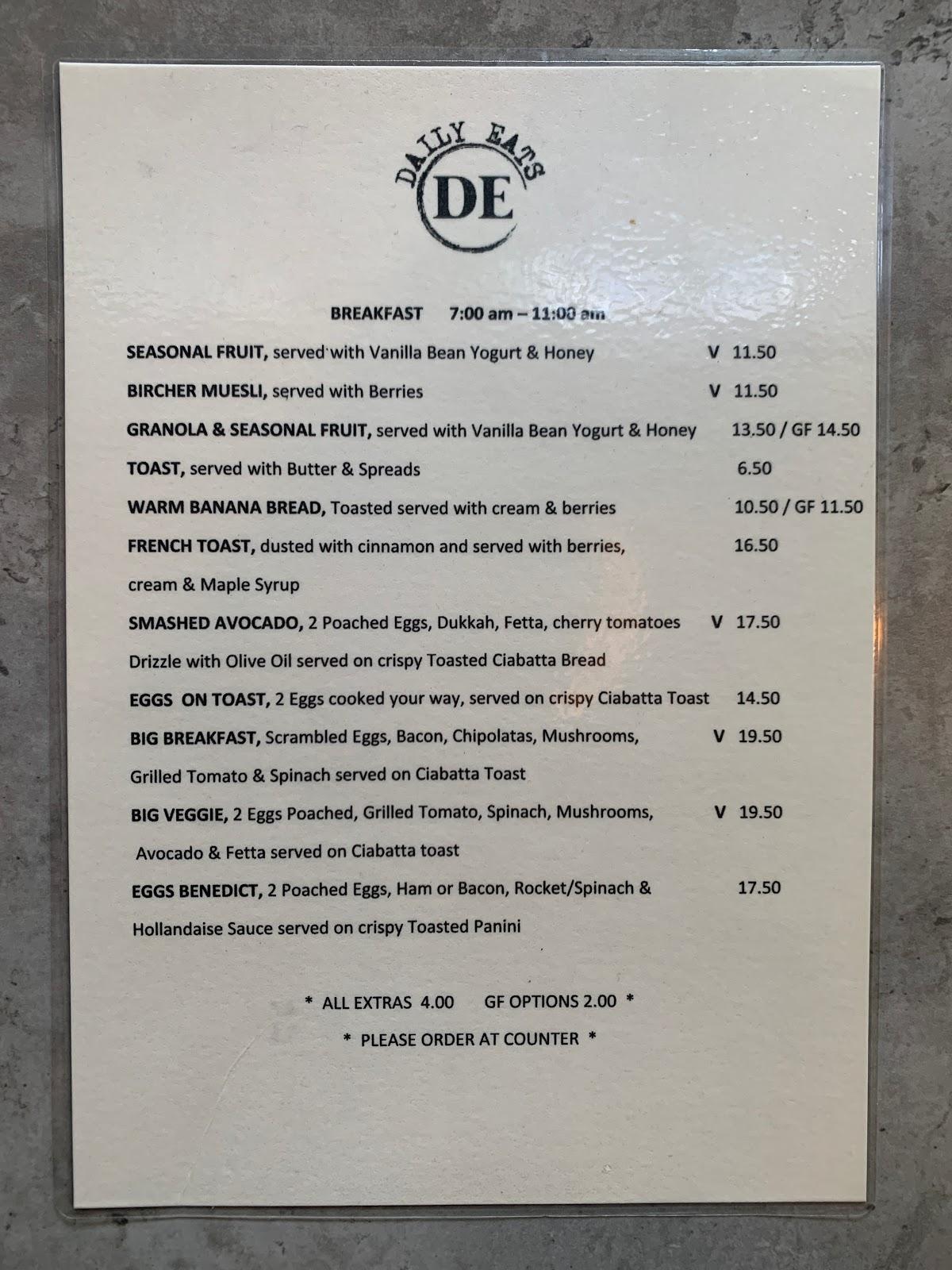 Menu at Daily Eats cafe, East Perth
