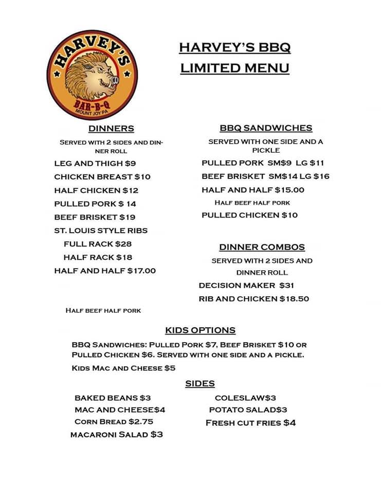 Menu at Harvey's Main Street BBQ, Mount Joy