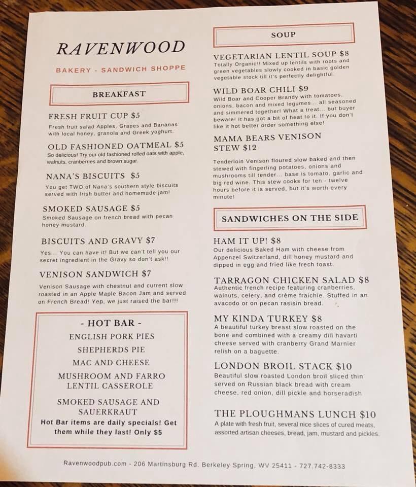 Menu at Ravenwood restaurant, Berkeley Springs