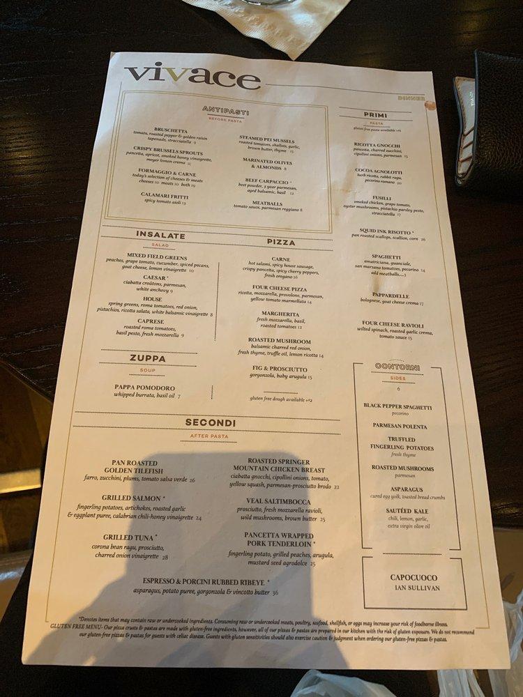 Menu at Vivace restaurant, Raleigh