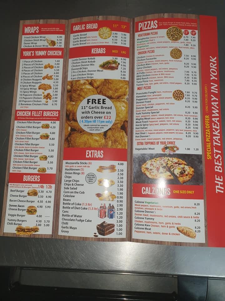 Menu at Yorks yummy chicken and pizza fast food, York