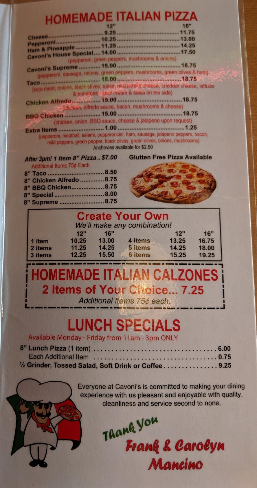 Menu at Cavoni's Pizza & Grinders pizzeria, Hillsdale
