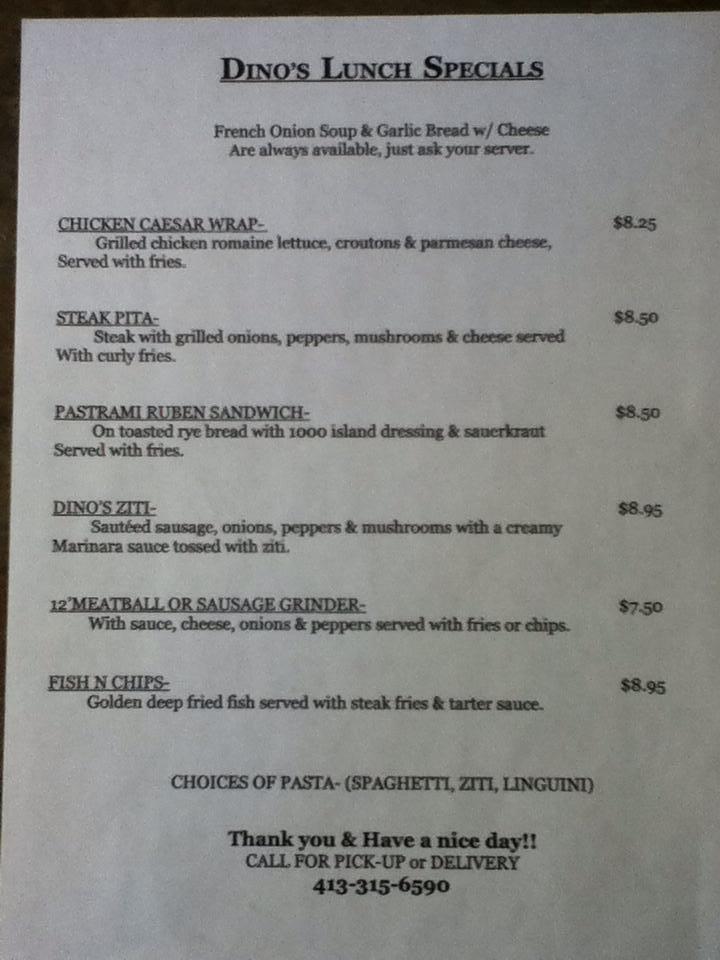 Menu at Dino's Pizza pizzeria, Holyoke