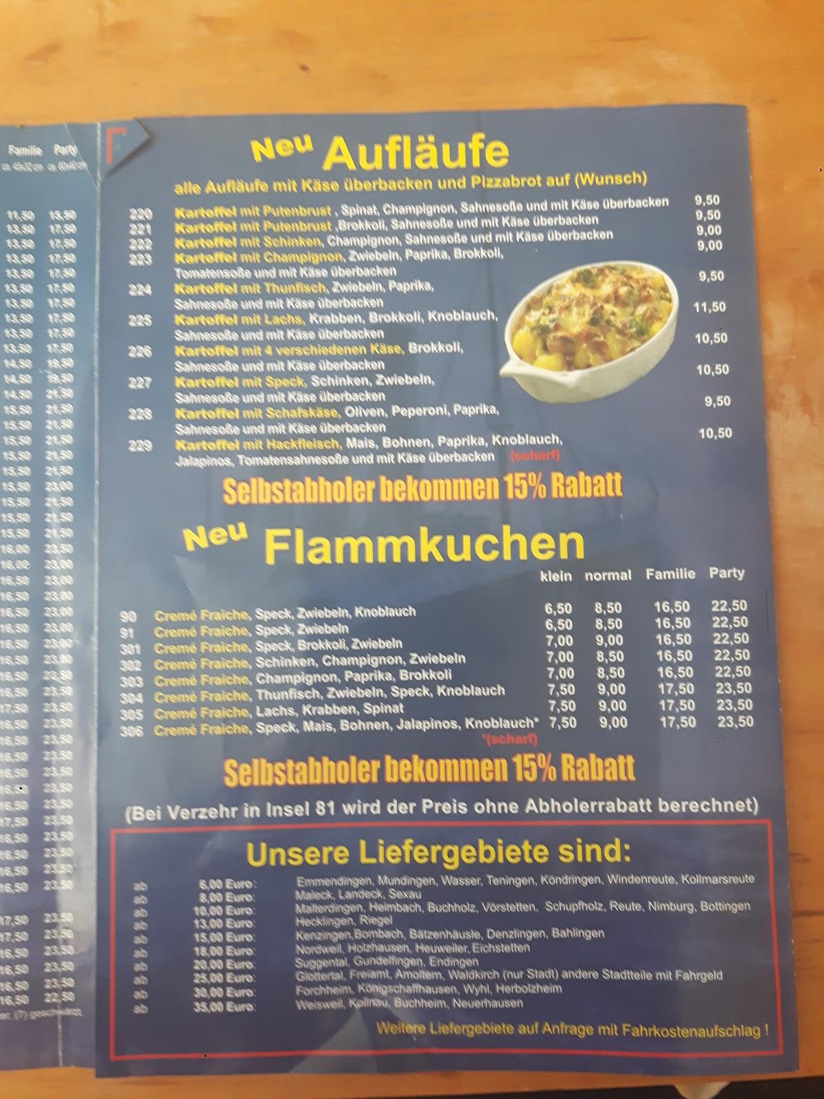 Menu at Pizza Titanic, Emmendingen