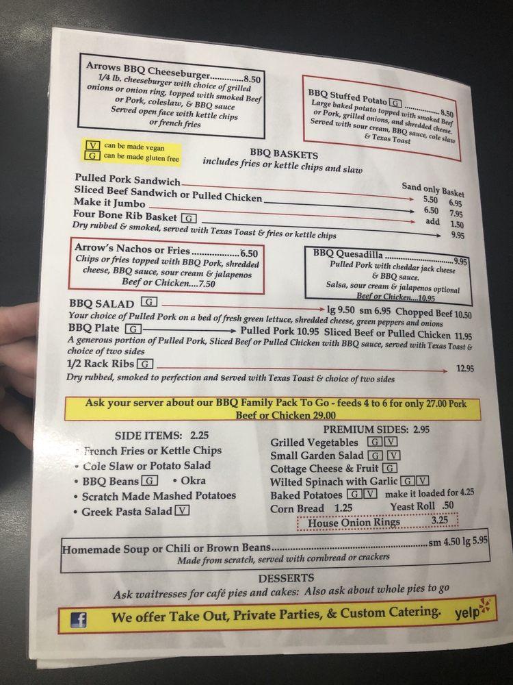 Menu at Arrow's Cafe and BBQ, Heber Springs