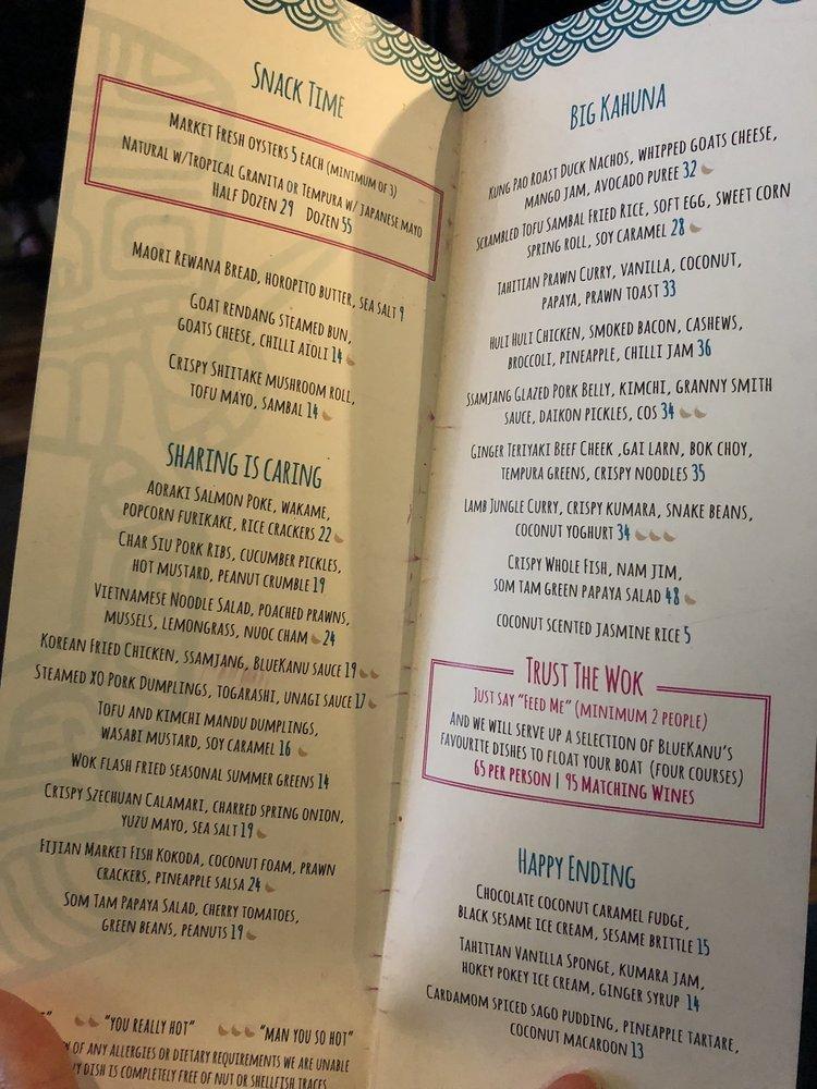 Menu at Blue Kanu restaurant, Queenstown