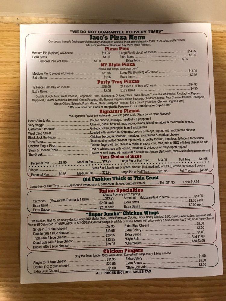 Menu at Jaco's Pizzeria, Niagara Falls