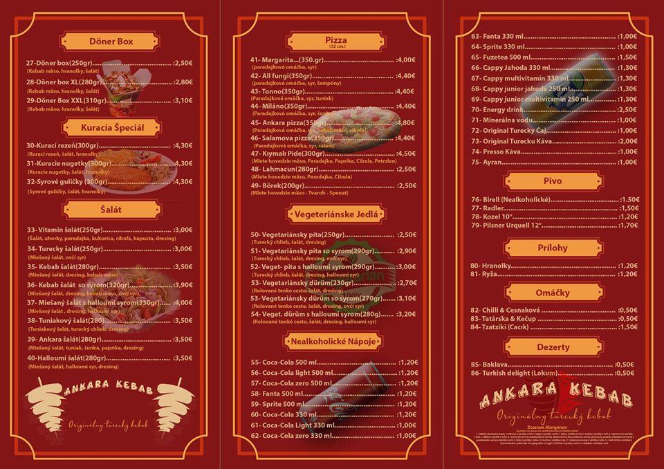 Menu at Ankara Kebab restaurant, Levice