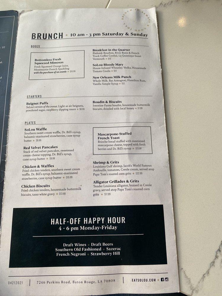 Menu at SoLou restaurant, Baton Rouge