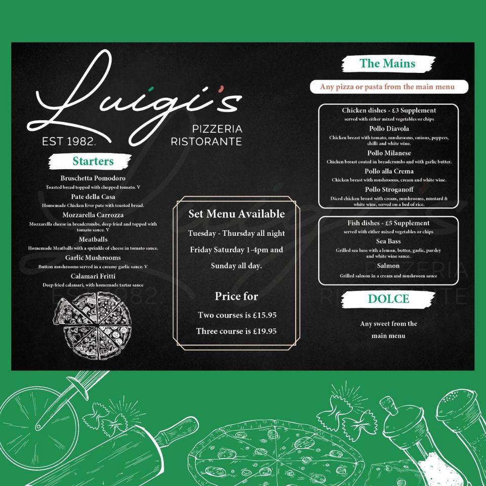 Menu at Luigi's Birstall pizzeria, Batley