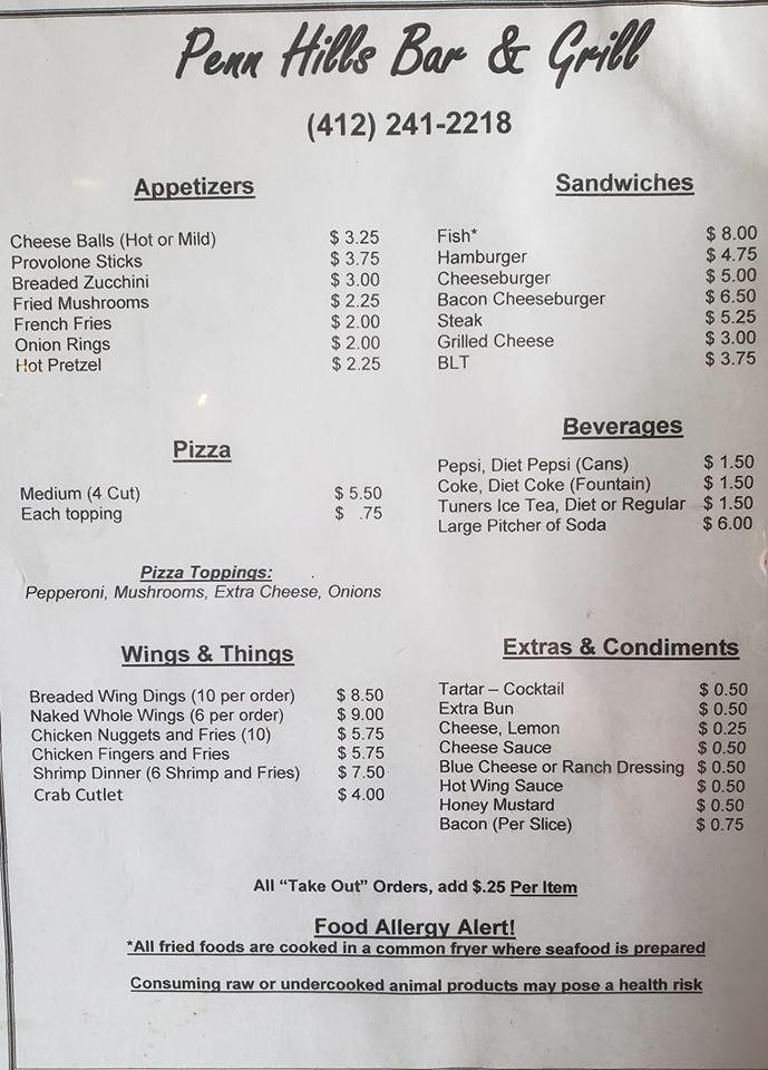 Menu at Penn Hills Bar & Grill Inc, Pittsburgh