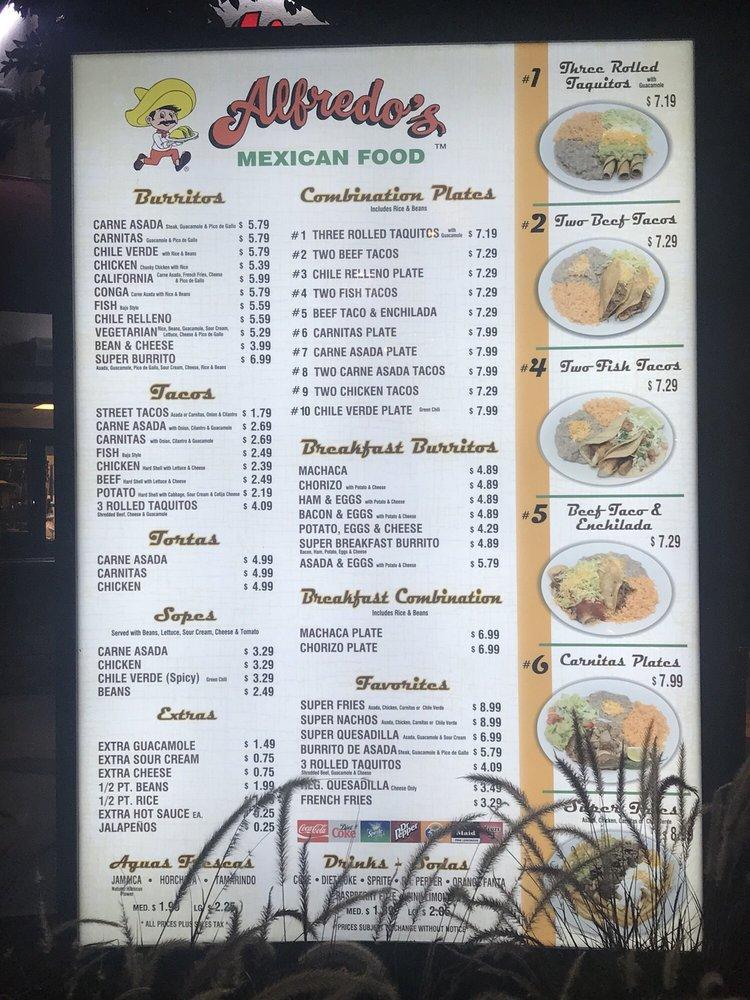 Menu at Alfredo's Mexican Food restaurant, Bell Gardens, Eastern Ave