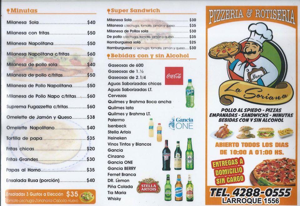 Menu at La Soriana pizzeria, Banfield