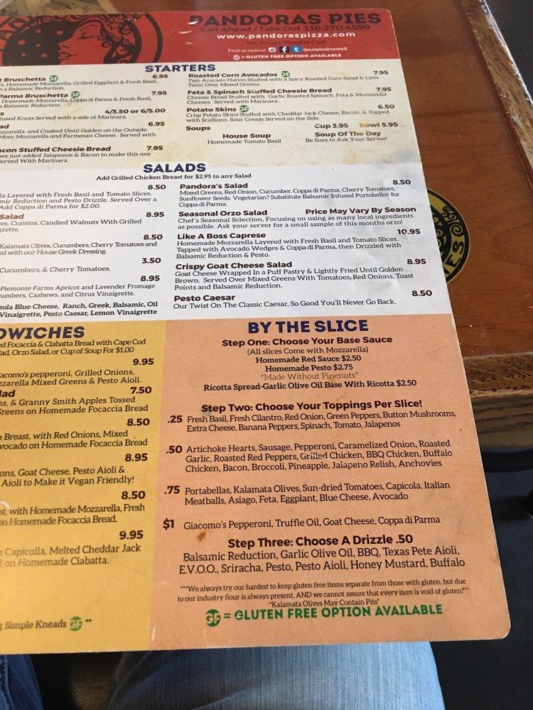 Menu at Pandora's Pies pizzeria, Elon
