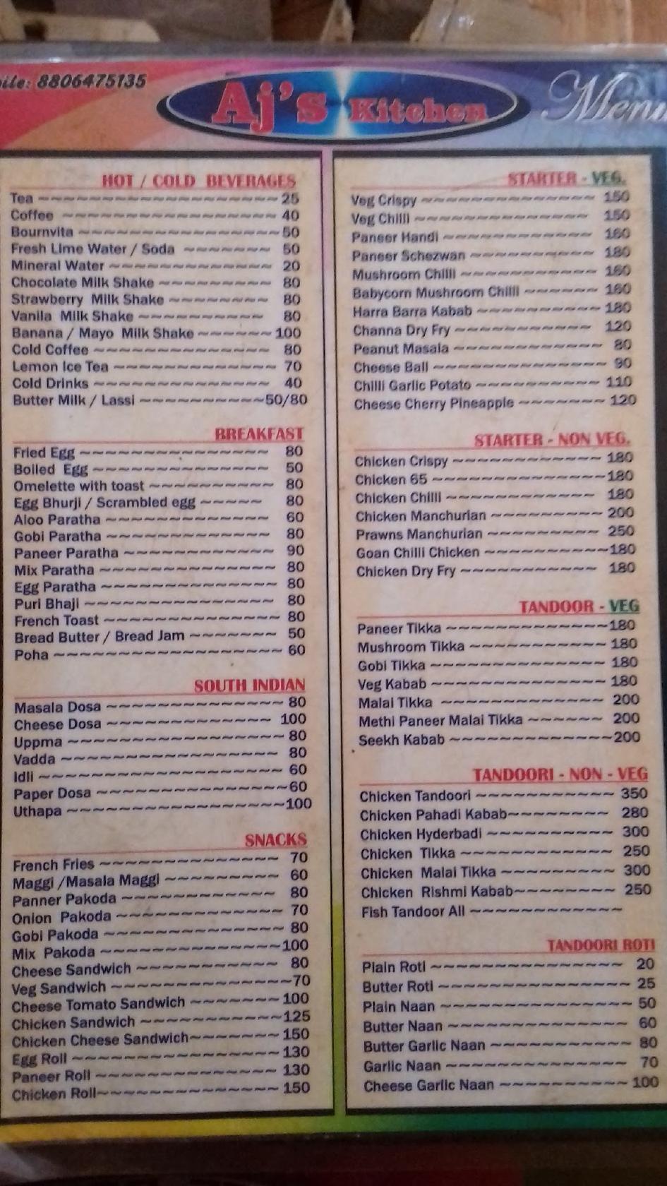 AJ's Kitchen Bar & Restaurant menu