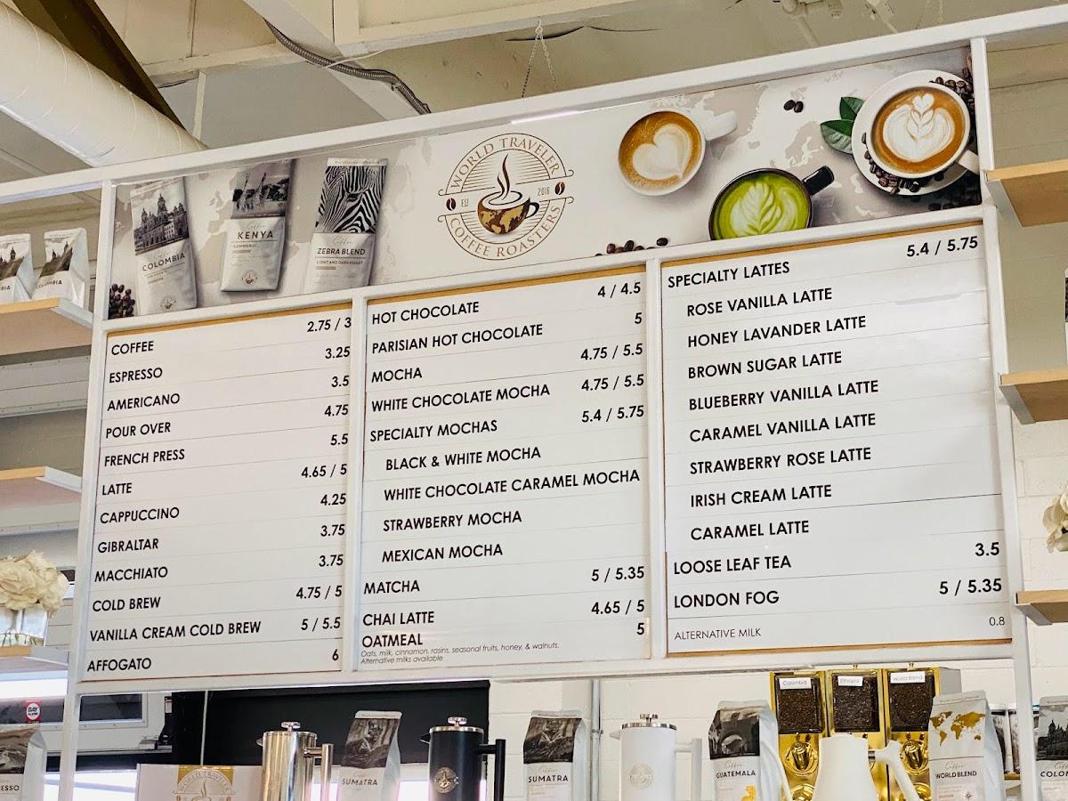 Menu at World Traveler Coffee Roasters cafe, Roseville