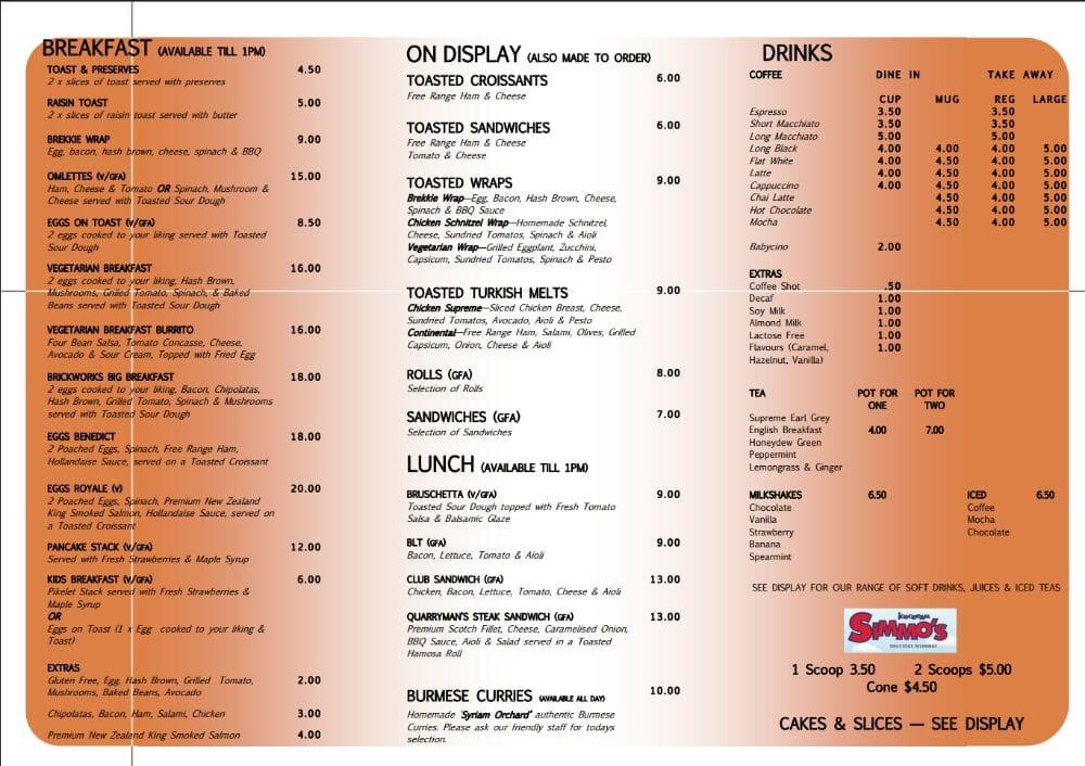 Menu at Aunty Cath's Cafe, Gooseberry Hill, 164A Scott St