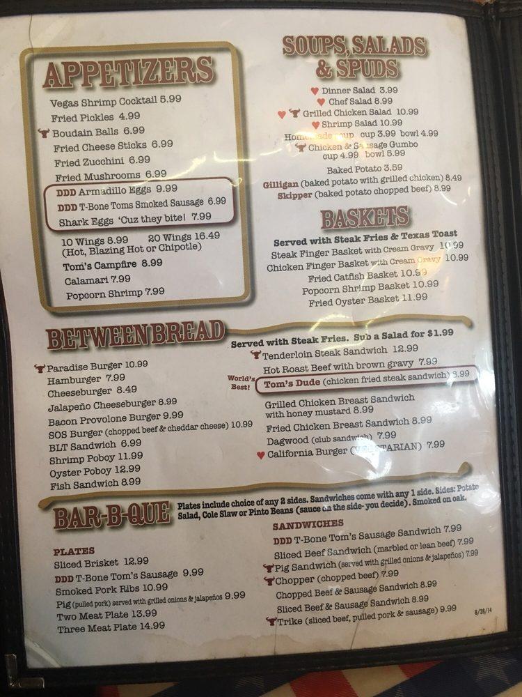 Menu at TBone Tom's BBQ, Kemah