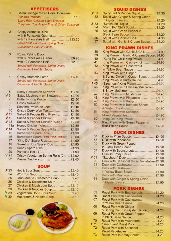 Menu at China Cottage fast food, Worthing, Wallace Parade