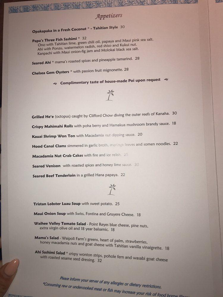 Menu at Mama's Fish House restaurant, Paia