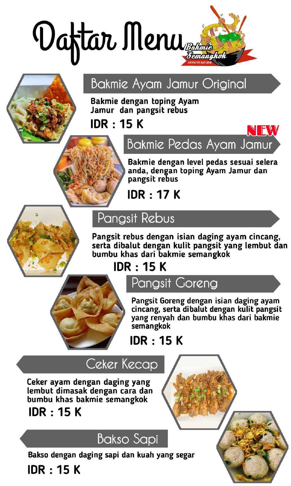 Menu at Bakmie Semangkok restaurant, Balikpapan