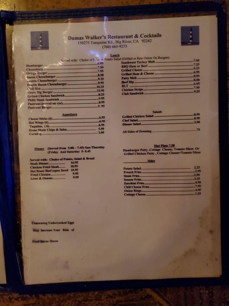 Menu at Dumas Walkers Restaurant & Bar, Big River