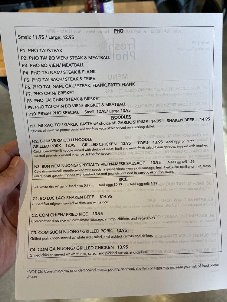 Menu at Fresh Pho restaurant, Lacey