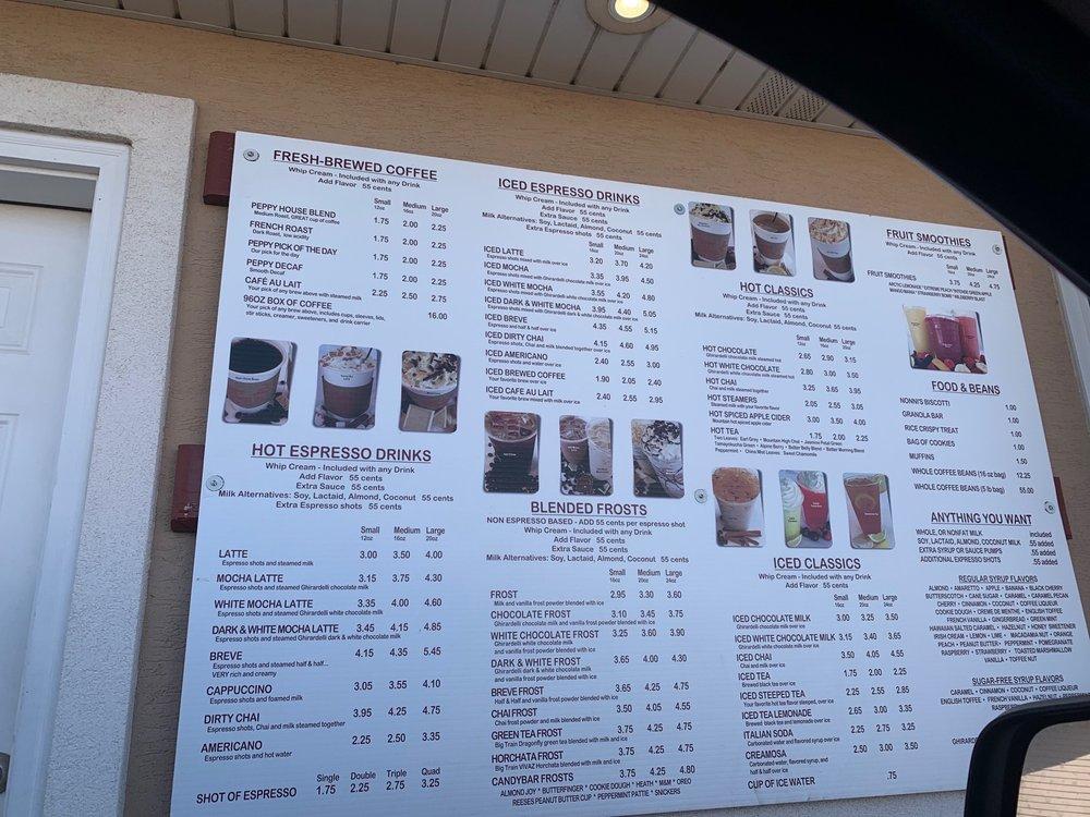 Menu at Peppy Coffee Co Drive Through cafe, Fort