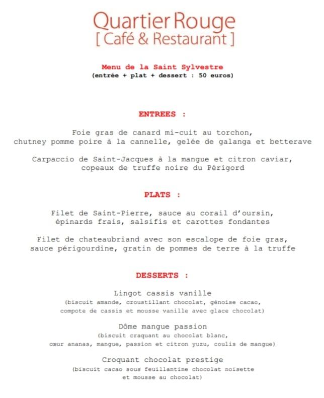 Menu at Quartier Rouge pub & bar, Paris