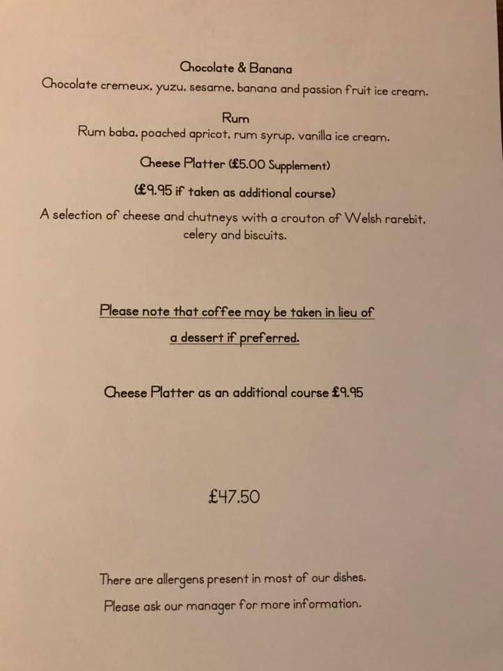 Menu at Sebastians restaurant, Oswestry