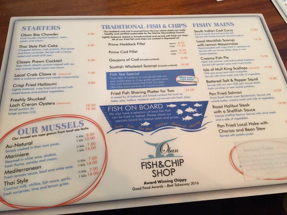 Menu at The Oban Fish & Chip Shop restaurant, Oban, 116 St