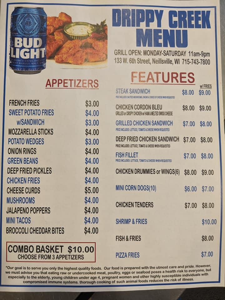 Menu at Drippy Creek Saloon II pub & bar, Neillsville